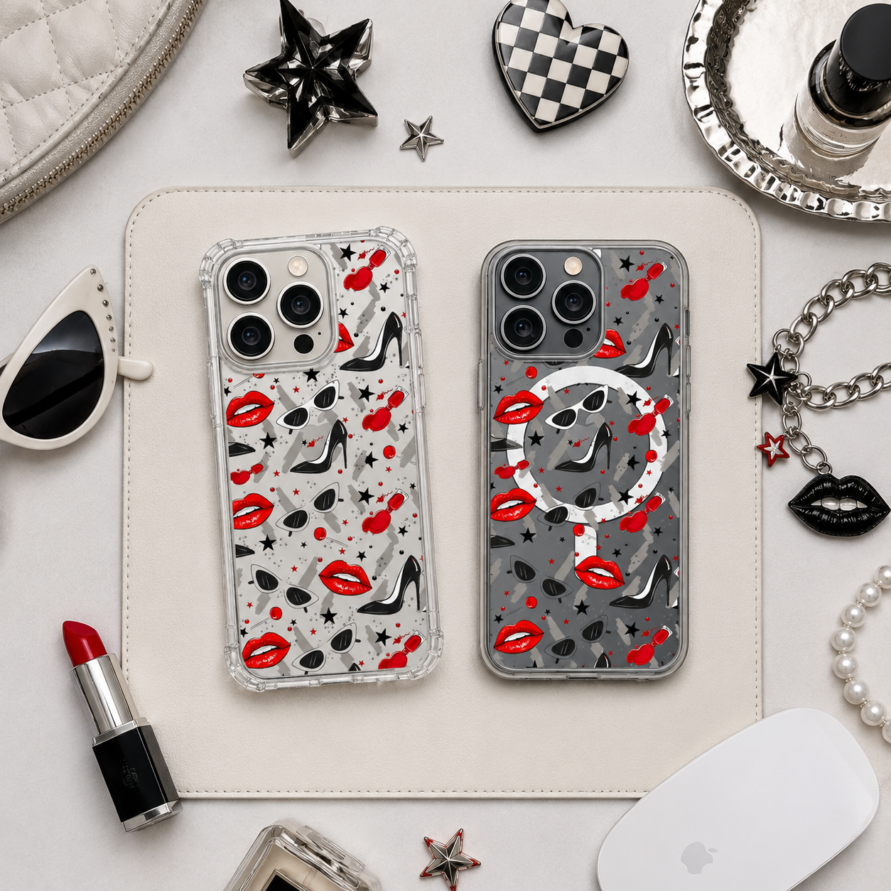 Fashion Glam Pattern iPhone Case , Samsung Case, Red Lips Heels Sunglasses Clear Phone Case, MagSafe Compatible Chic Cover