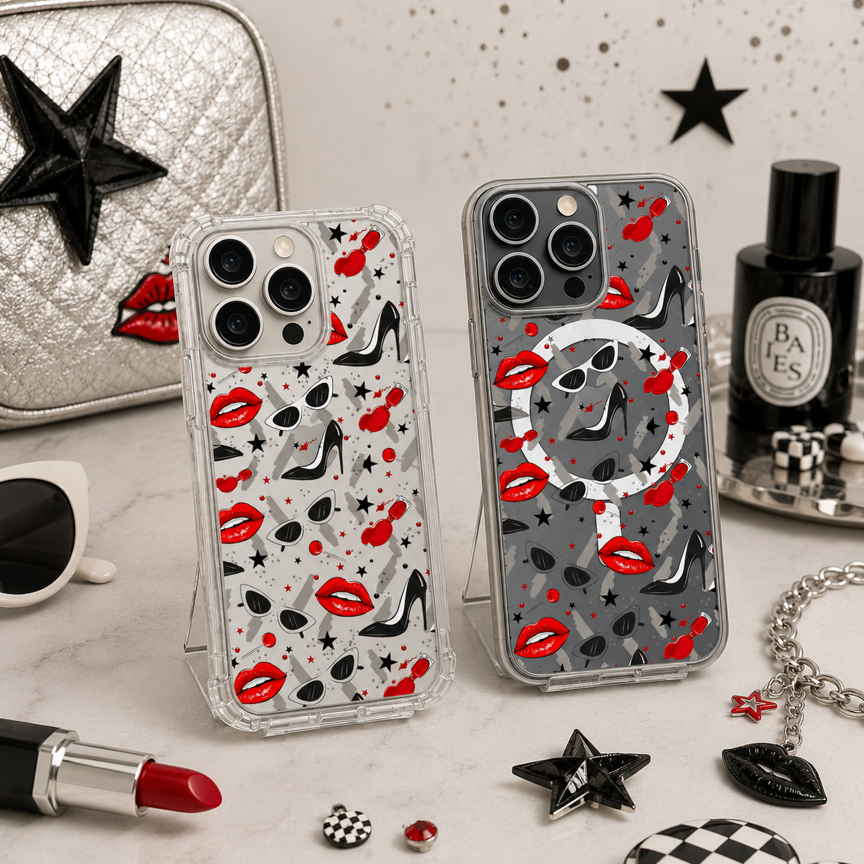 Fashion Glam Pattern iPhone Case , Samsung Case, Red Lips Heels Sunglasses Clear Phone Case, MagSafe Compatible Chic Cover