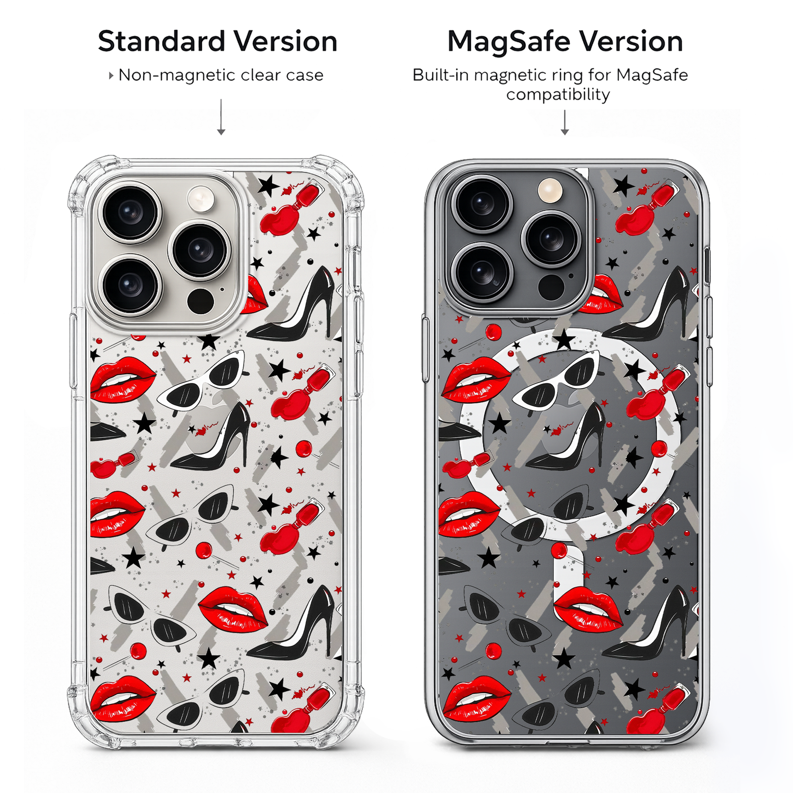 Fashion Glam Pattern iPhone Case , Samsung Case, Red Lips Heels Sunglasses Clear Phone Case, MagSafe Compatible Chic Cover