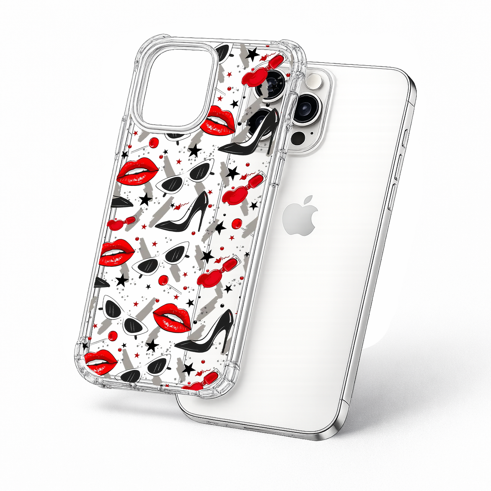 Fashion Glam Pattern iPhone Case , Samsung Case, Red Lips Heels Sunglasses Clear Phone Case, MagSafe Compatible Chic Cover