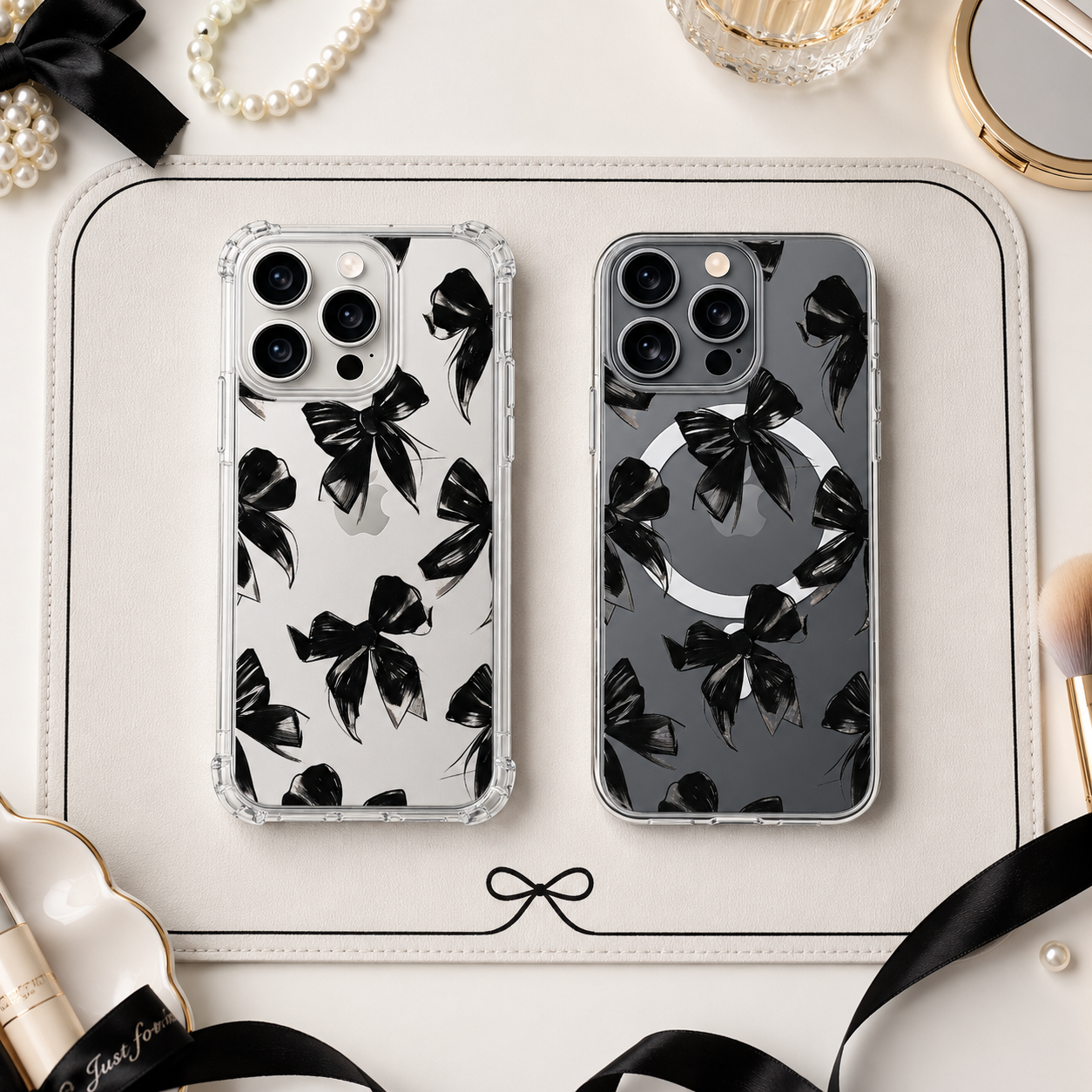 Black Ribbon Aesthetic iPhone Case , Samsung Case, Gothic Bow Pattern Clear Phone Case, MagSafe Compatible Minimal Cover