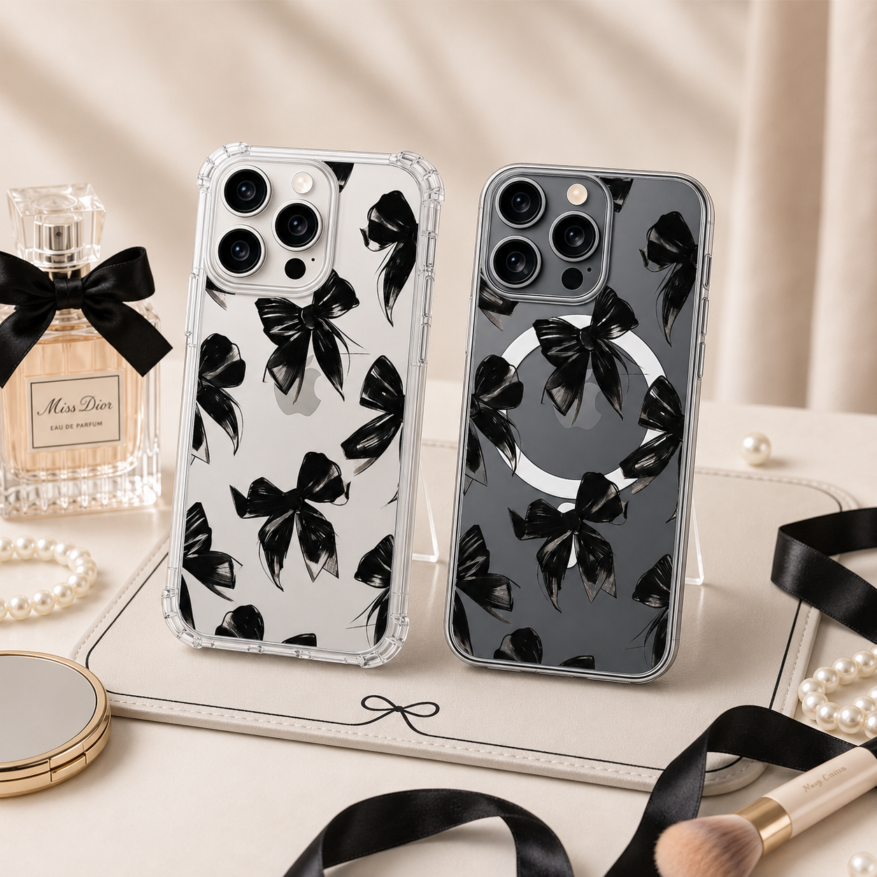 Black Ribbon Aesthetic iPhone Case , Samsung Case, Gothic Bow Pattern Clear Phone Case, MagSafe Compatible Minimal Cover