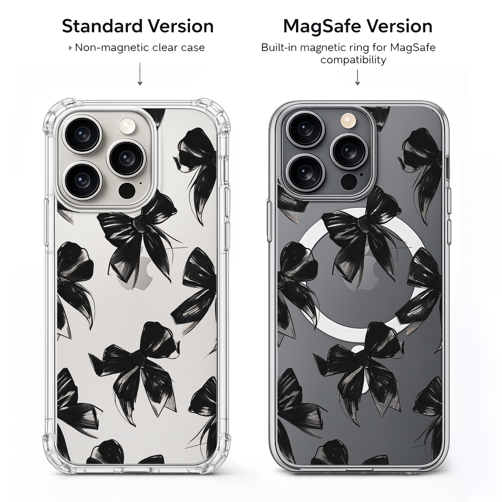 Black Ribbon Aesthetic iPhone Case , Samsung Case, Gothic Bow Pattern Clear Phone Case, MagSafe Compatible Minimal Cover