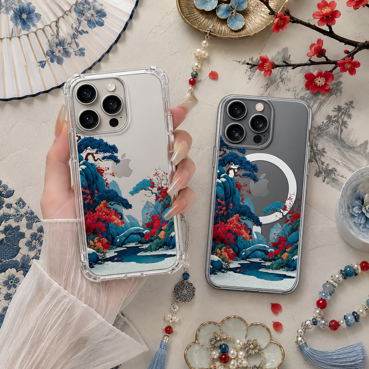 Japanese Garden Landscape iPhone Case , Samsung Case, Oriental Nature Clear Phone Case, MagSafe Compatible Scenic Art Cover
