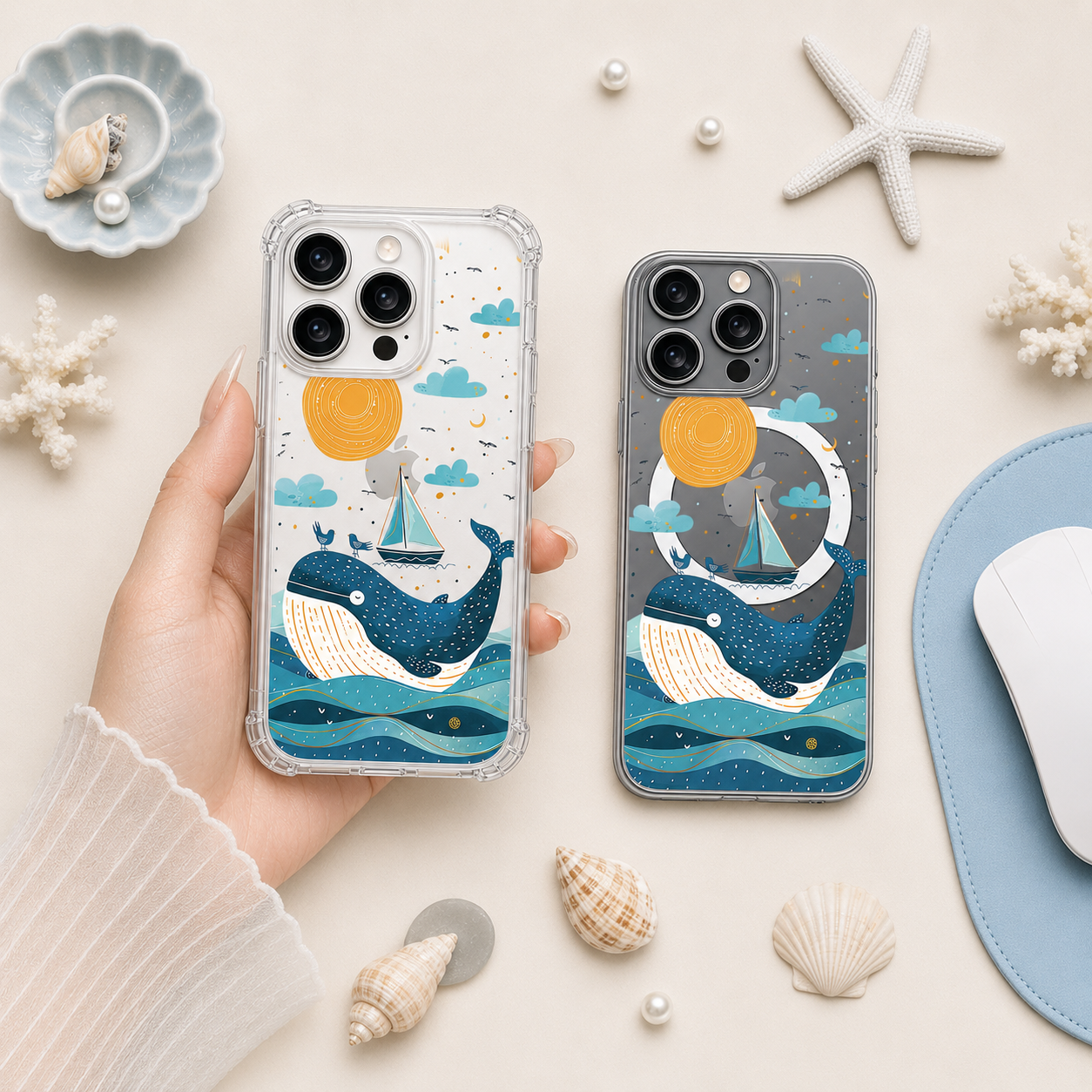 Cute Whale Ocean iPhone Case , Samsung Case, Whimsical Sea Life Clear Phone Case, MagSafe Compatible Nautical Cover