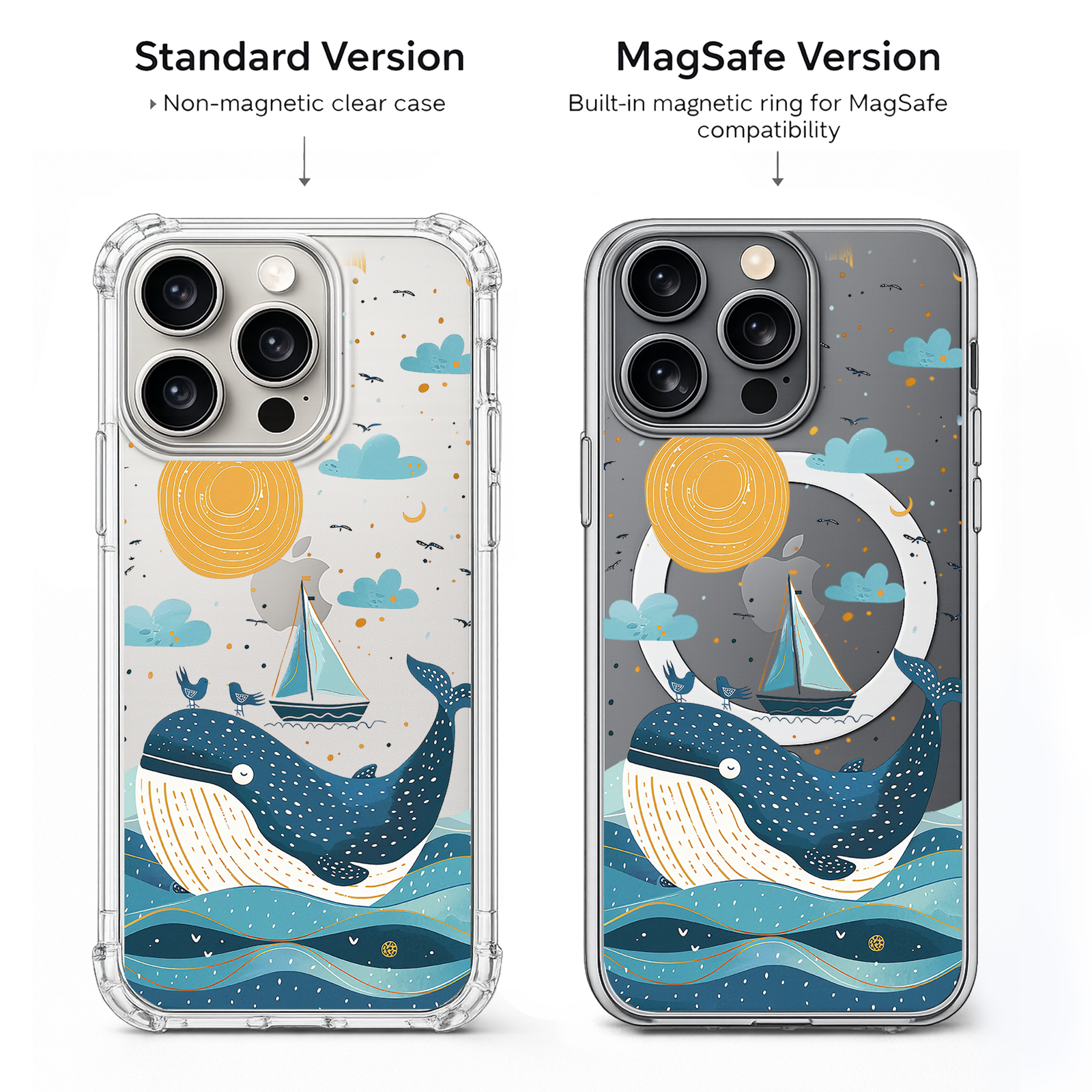 Cute Whale Ocean iPhone Case , Samsung Case, Whimsical Sea Life Clear Phone Case, MagSafe Compatible Nautical Cover