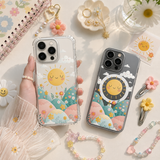 Smiling Sun Pastel iPhone Case , Samsung Case, Cute Kawaii Floral Clear Phone Case, MagSafe Compatible Happy Sky Cover