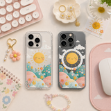 Smiling Sun Pastel iPhone Case , Samsung Case, Cute Kawaii Floral Clear Phone Case, MagSafe Compatible Happy Sky Cover