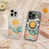Smiling Sun Pastel iPhone Case , Samsung Case, Cute Kawaii Floral Clear Phone Case, MagSafe Compatible Happy Sky Cover