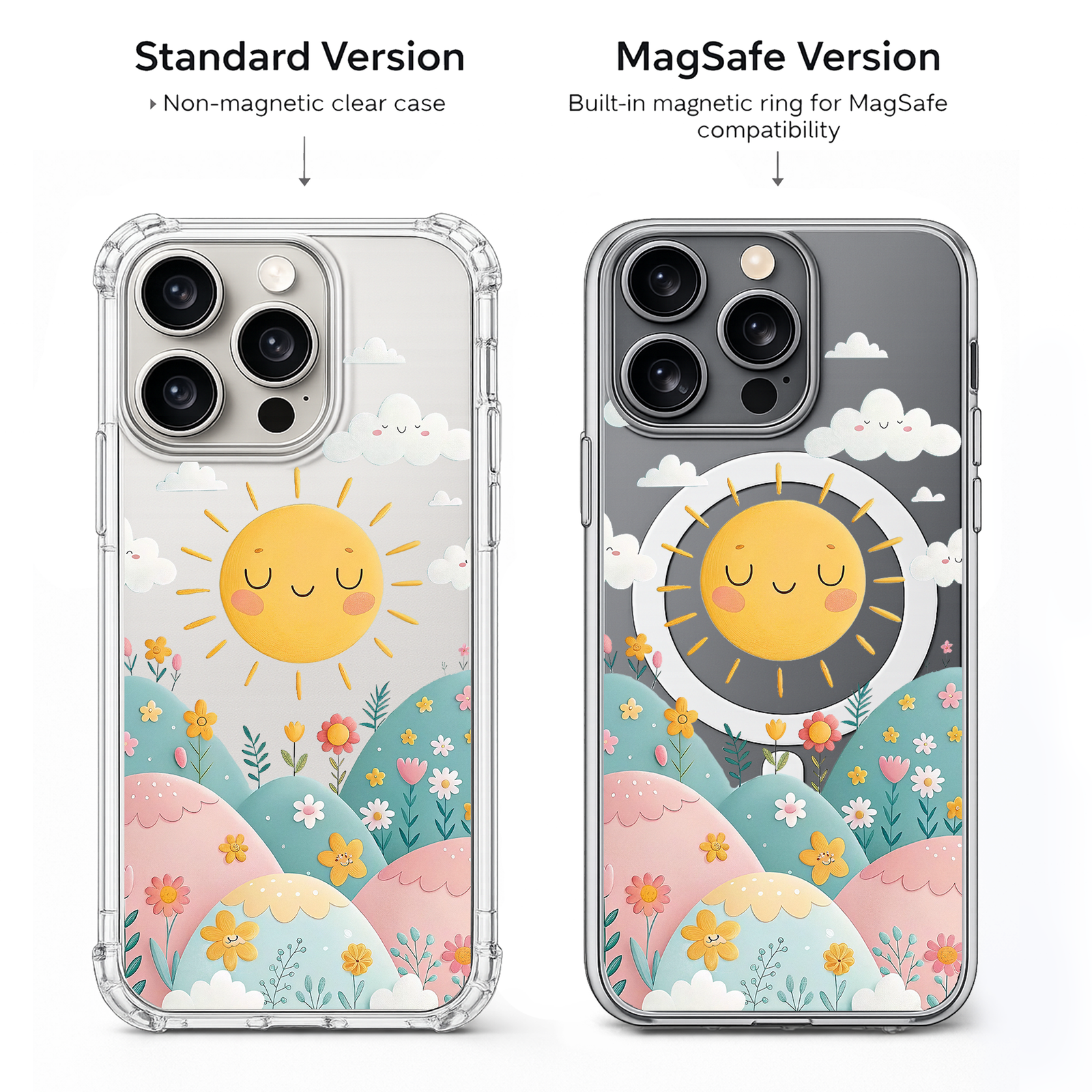 Smiling Sun Pastel iPhone Case , Samsung Case, Cute Kawaii Floral Clear Phone Case, MagSafe Compatible Happy Sky Cover