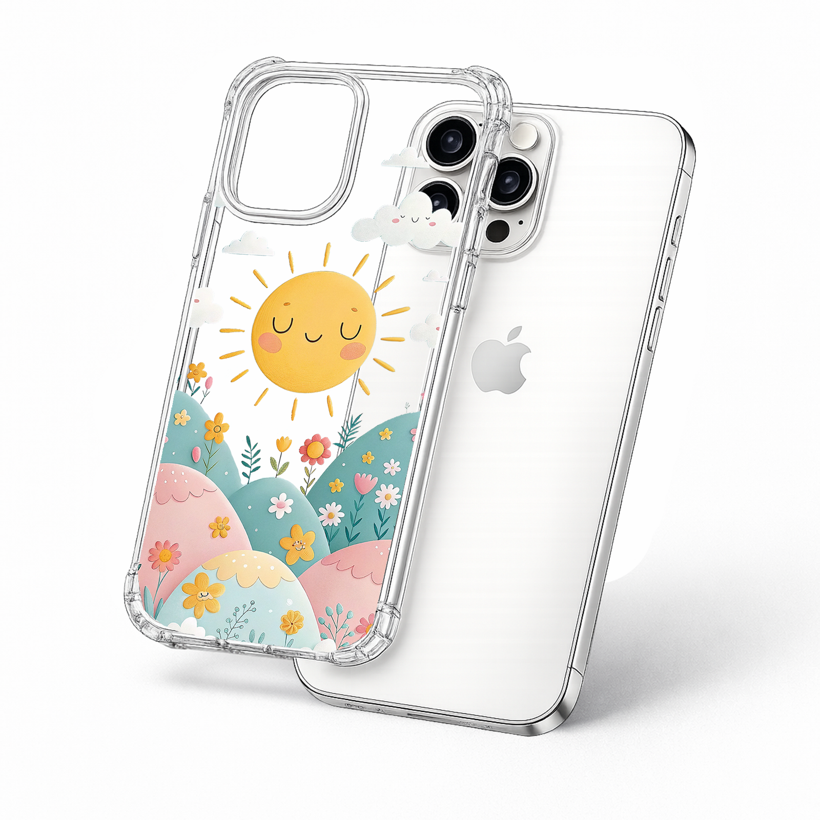 Smiling Sun Pastel iPhone Case , Samsung Case, Cute Kawaii Floral Clear Phone Case, MagSafe Compatible Happy Sky Cover