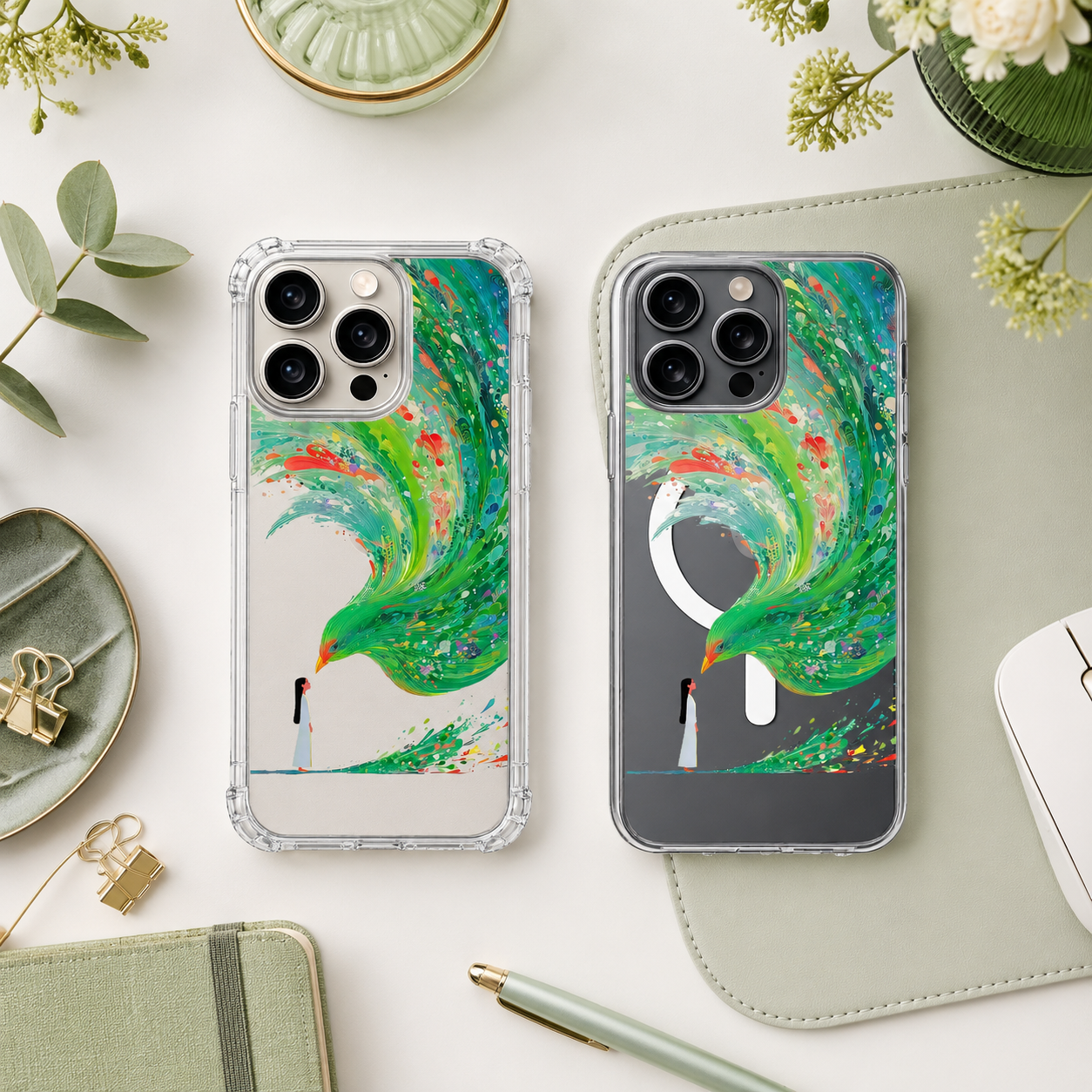 Abstract Green Phoenix iPhone Case , Samsung Case, Fantasy Bird Art Clear Phone Case, MagSafe Compatible Surreal Cover