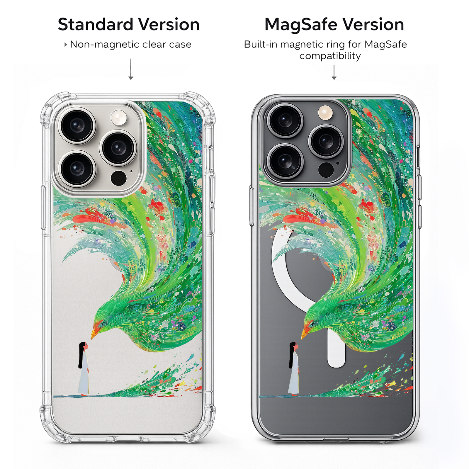 Abstract Green Phoenix iPhone Case , Samsung Case, Fantasy Bird Art Clear Phone Case, MagSafe Compatible Surreal Cover