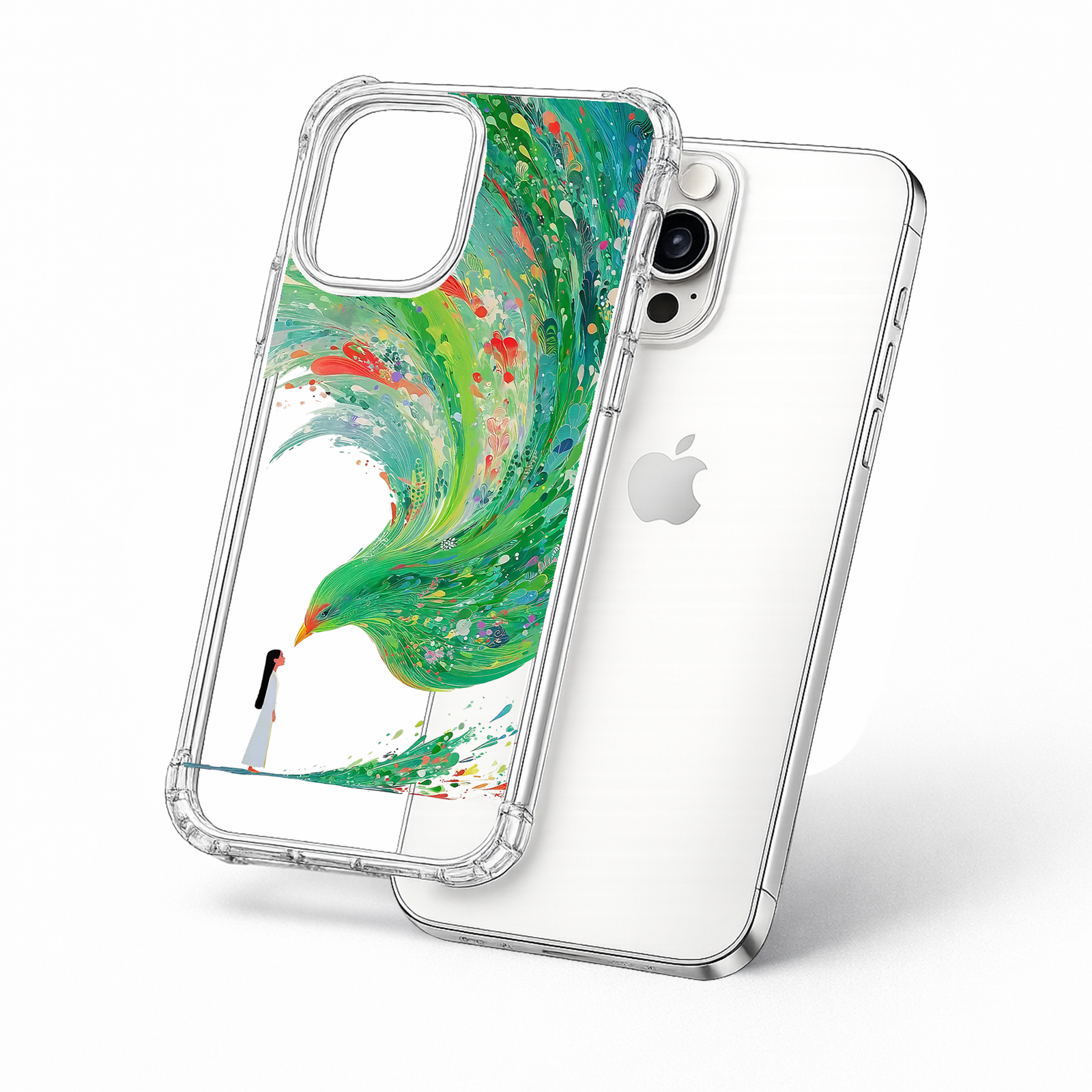 Abstract Green Phoenix iPhone Case , Samsung Case, Fantasy Bird Art Clear Phone Case, MagSafe Compatible Surreal Cover