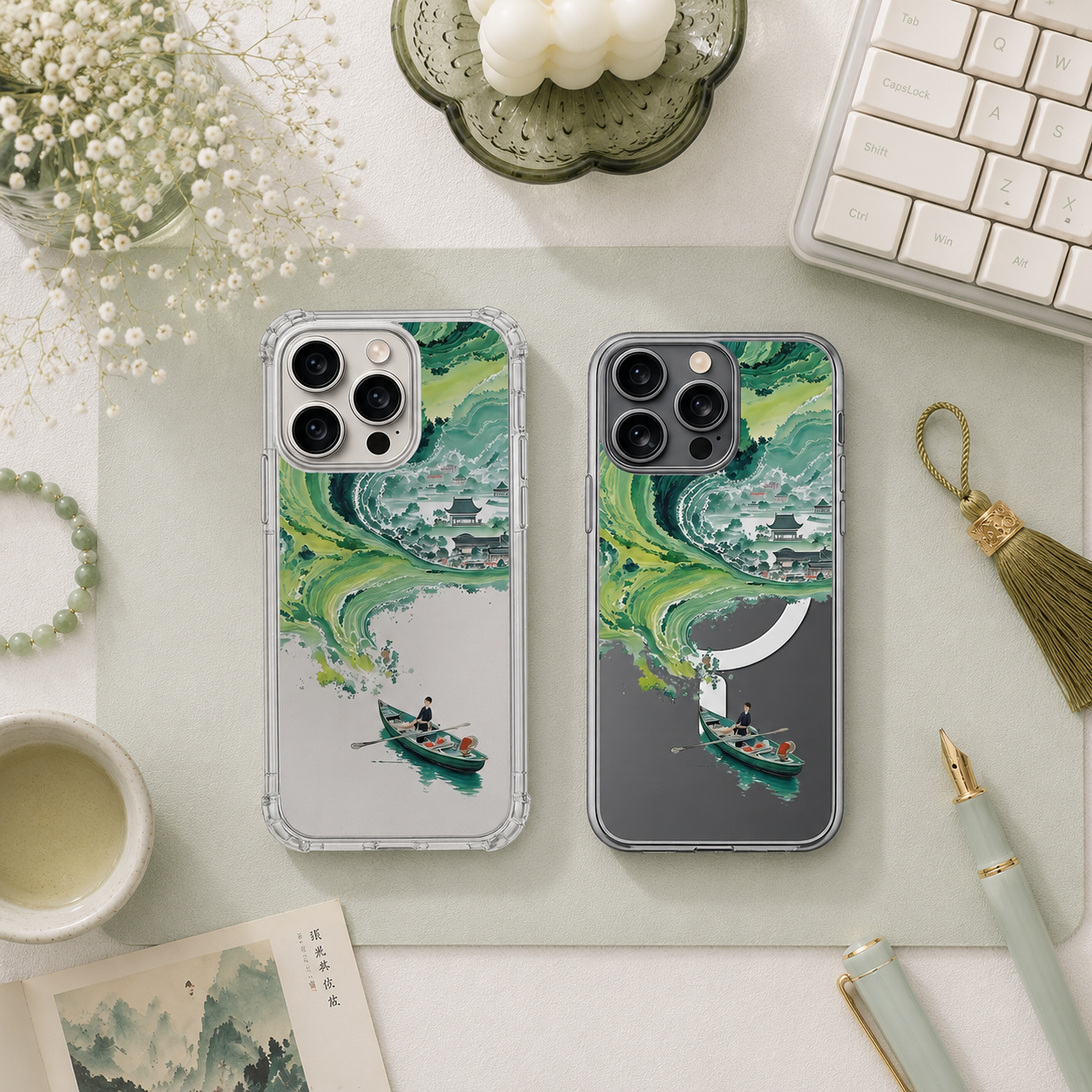 Japanese Wave Village iPhone Case , Samsung Case, Oriental Landscape Clear Phone Case, MagSafe Compatible Scenic Art Cover