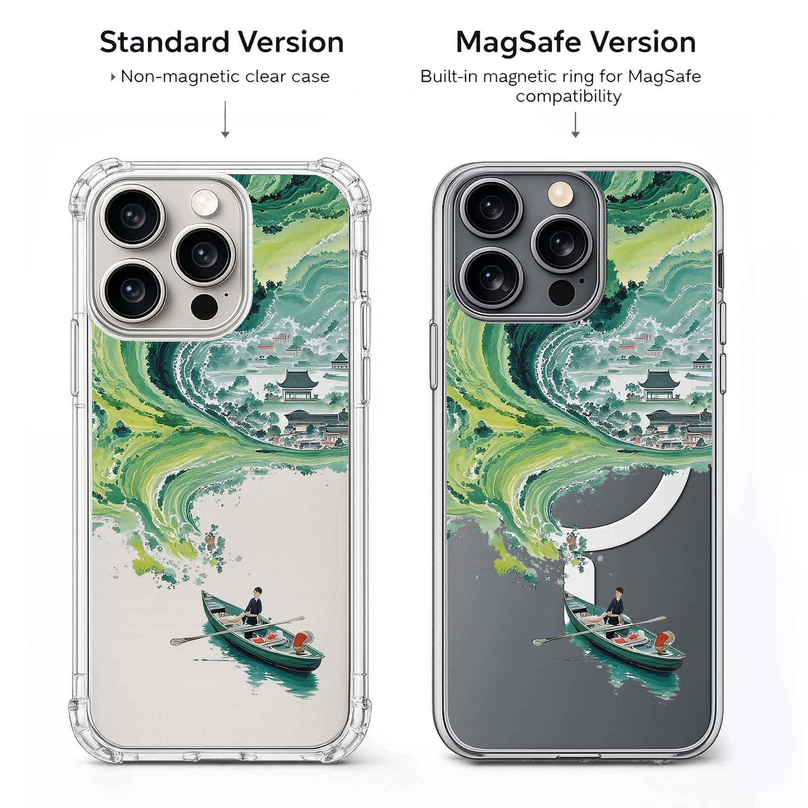 Japanese Wave Village iPhone Case , Samsung Case, Oriental Landscape Clear Phone Case, MagSafe Compatible Scenic Art Cover