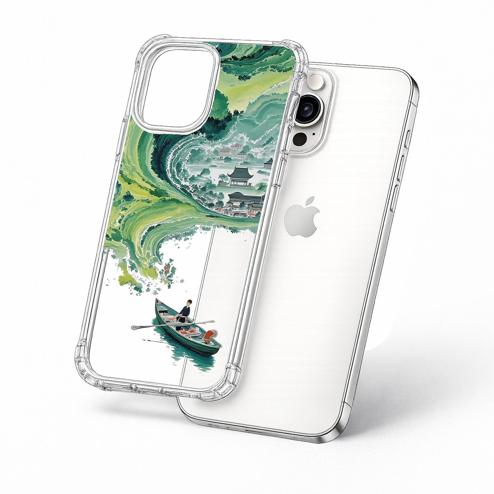 Japanese Wave Village iPhone Case , Samsung Case, Oriental Landscape Clear Phone Case, MagSafe Compatible Scenic Art Cover