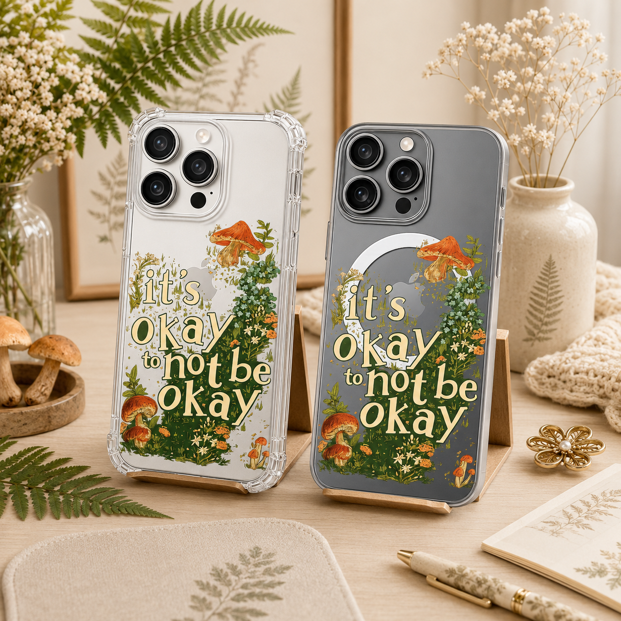 It’s Okay To Not Be Okay iPhone Case , Samsung Case, Motivational Mushroom Clear Phone Case, MagSafe Compatible Positive Cover