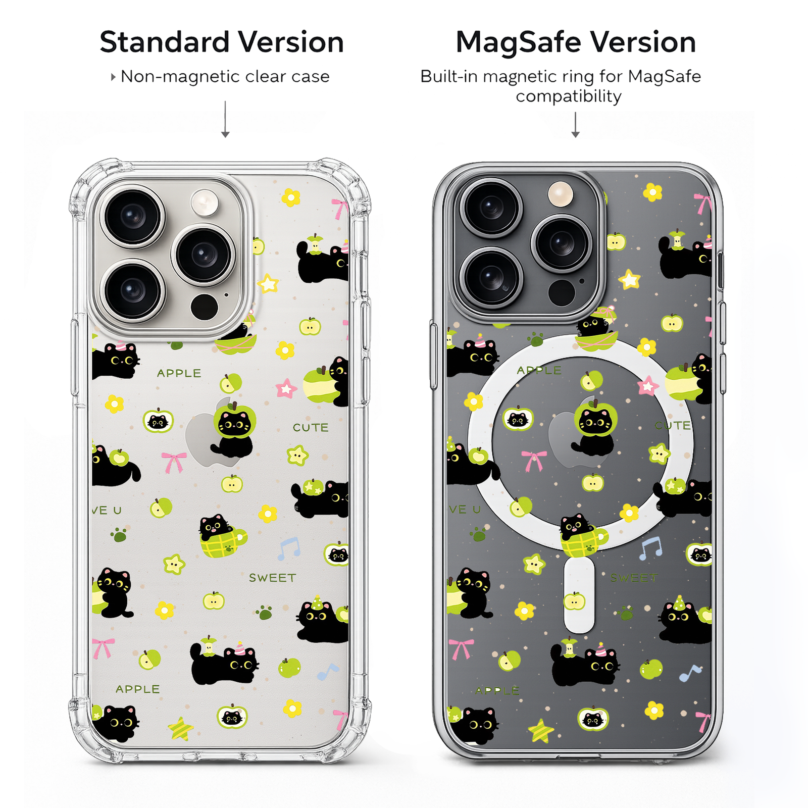 Cute Apple Cat Pattern iPhone Case , Samsung Case, Kawaii Black Cat Clear Phone Case, MagSafe Compatible Fun Cover
