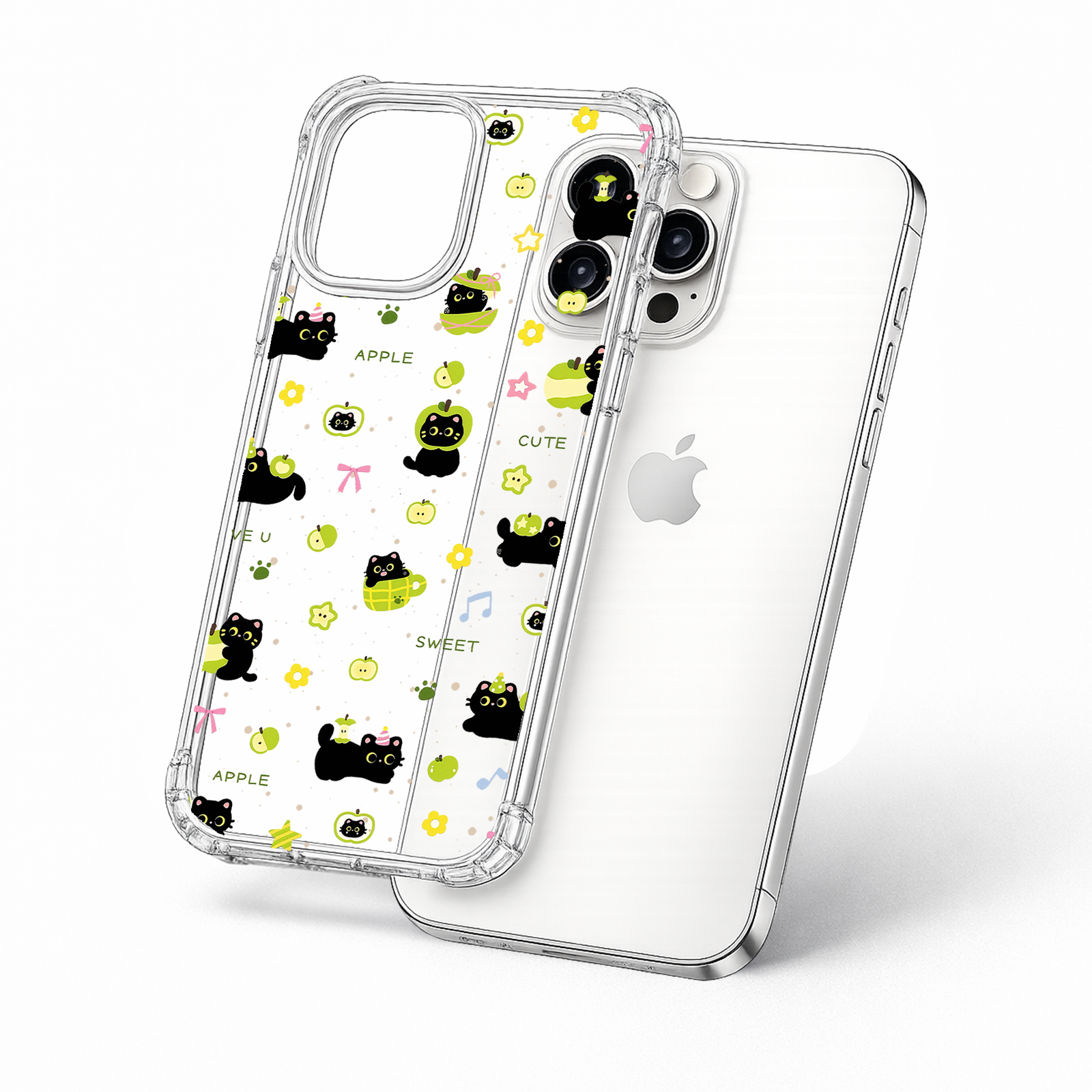 Cute Apple Cat Pattern iPhone Case , Samsung Case, Kawaii Black Cat Clear Phone Case, MagSafe Compatible Fun Cover
