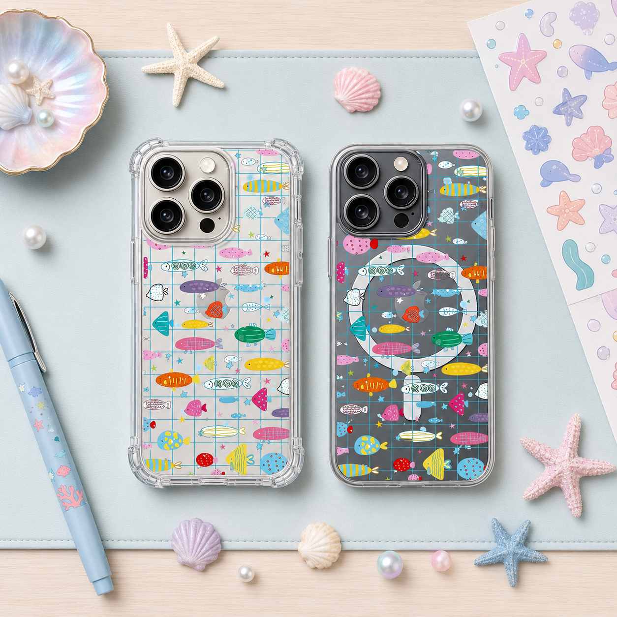 Colorful Fish Pattern iPhone Case , Samsung Case, Cute Ocean Grid Clear Phone Case, MagSafe Compatible Playful Cover