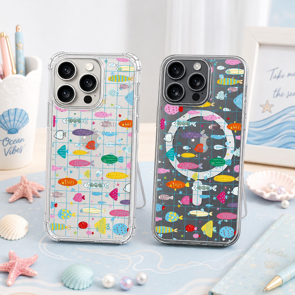 Colorful Fish Pattern iPhone Case , Samsung Case, Cute Ocean Grid Clear Phone Case, MagSafe Compatible Playful Cover