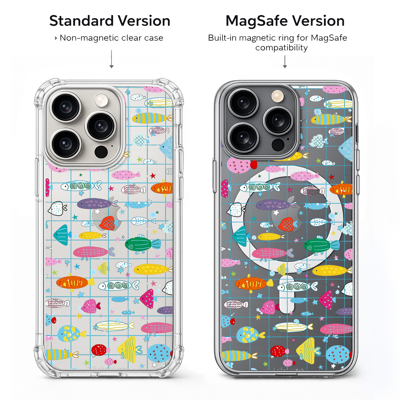 Colorful Fish Pattern iPhone Case , Samsung Case, Cute Ocean Grid Clear Phone Case, MagSafe Compatible Playful Cover
