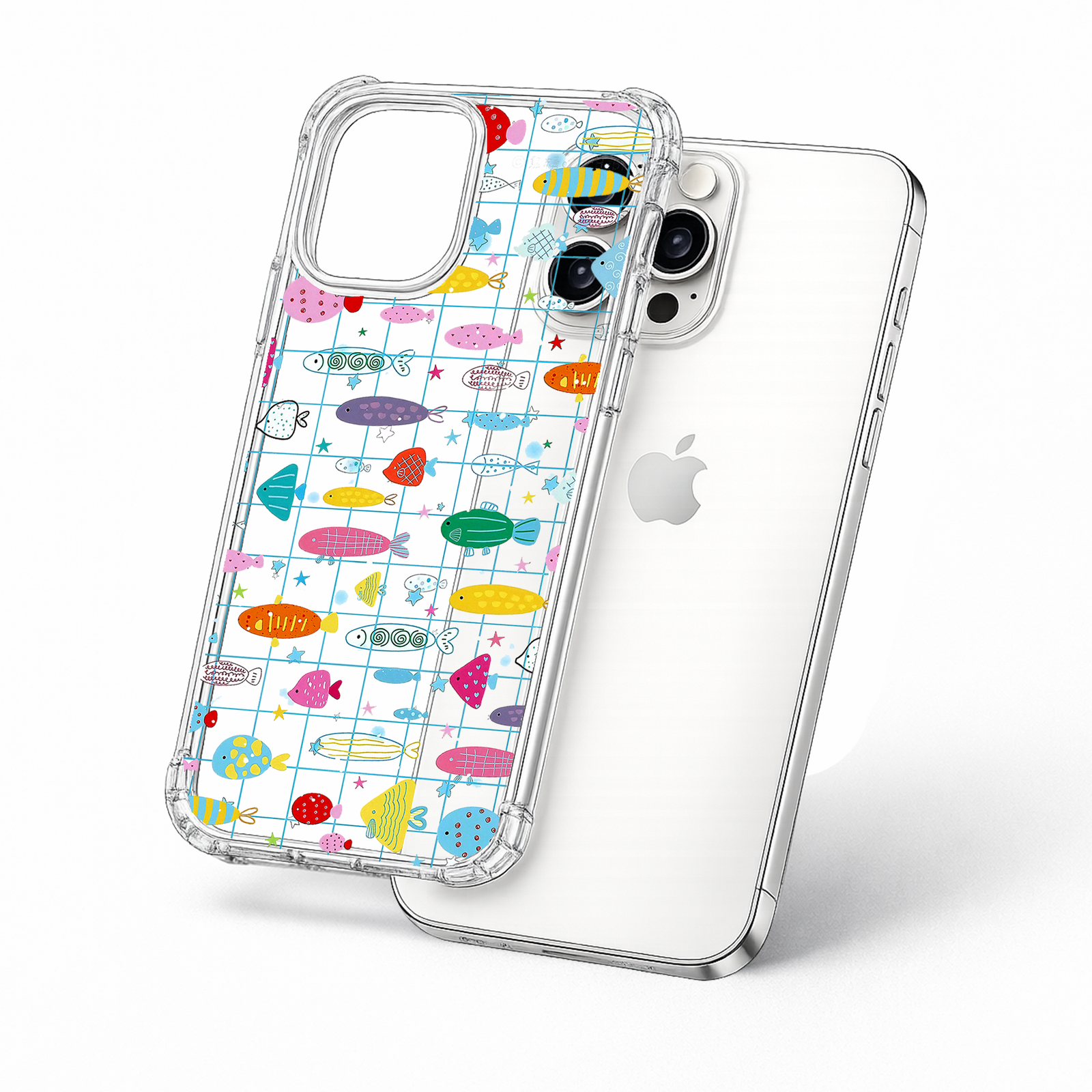 Colorful Fish Pattern iPhone Case , Samsung Case, Cute Ocean Grid Clear Phone Case, MagSafe Compatible Playful Cover