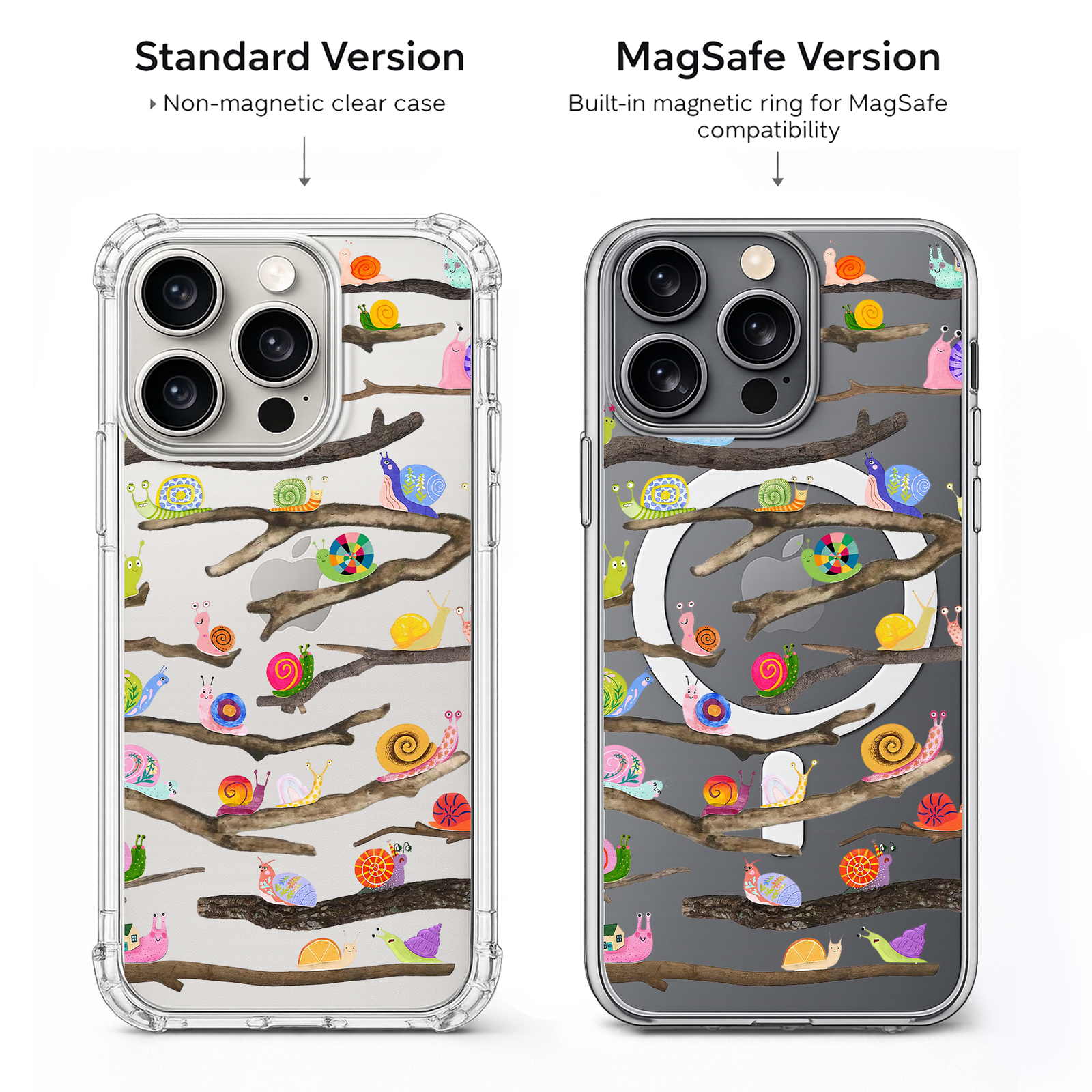 Colorful Snail Branch Pattern iPhone Case , Samsung Case, Whimsical Nature Clear Phone Case, MagSafe Compatible Cute Cover