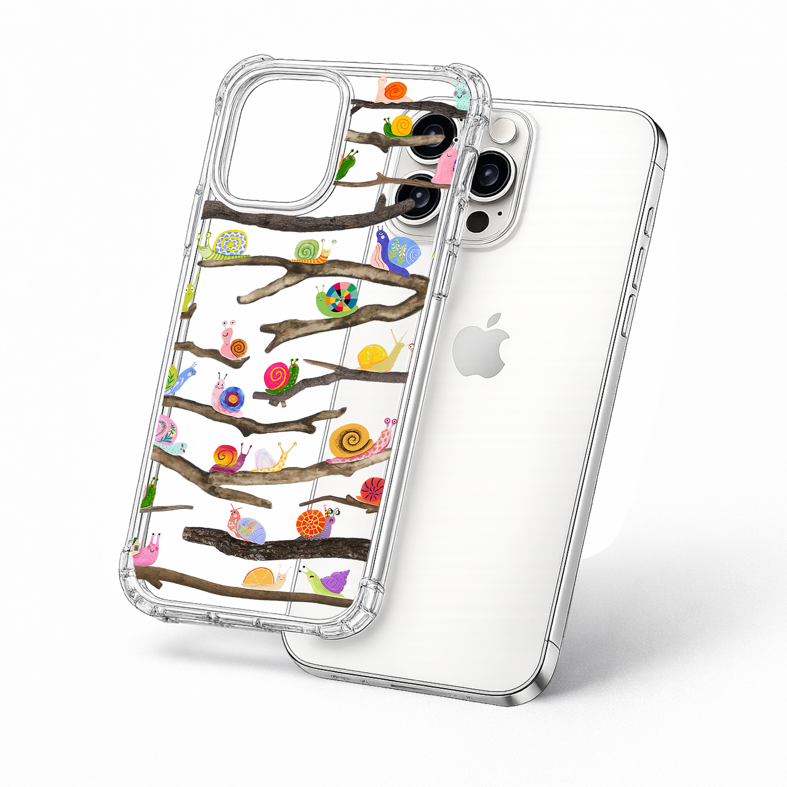 Colorful Snail Branch Pattern iPhone Case , Samsung Case, Whimsical Nature Clear Phone Case, MagSafe Compatible Cute Cover