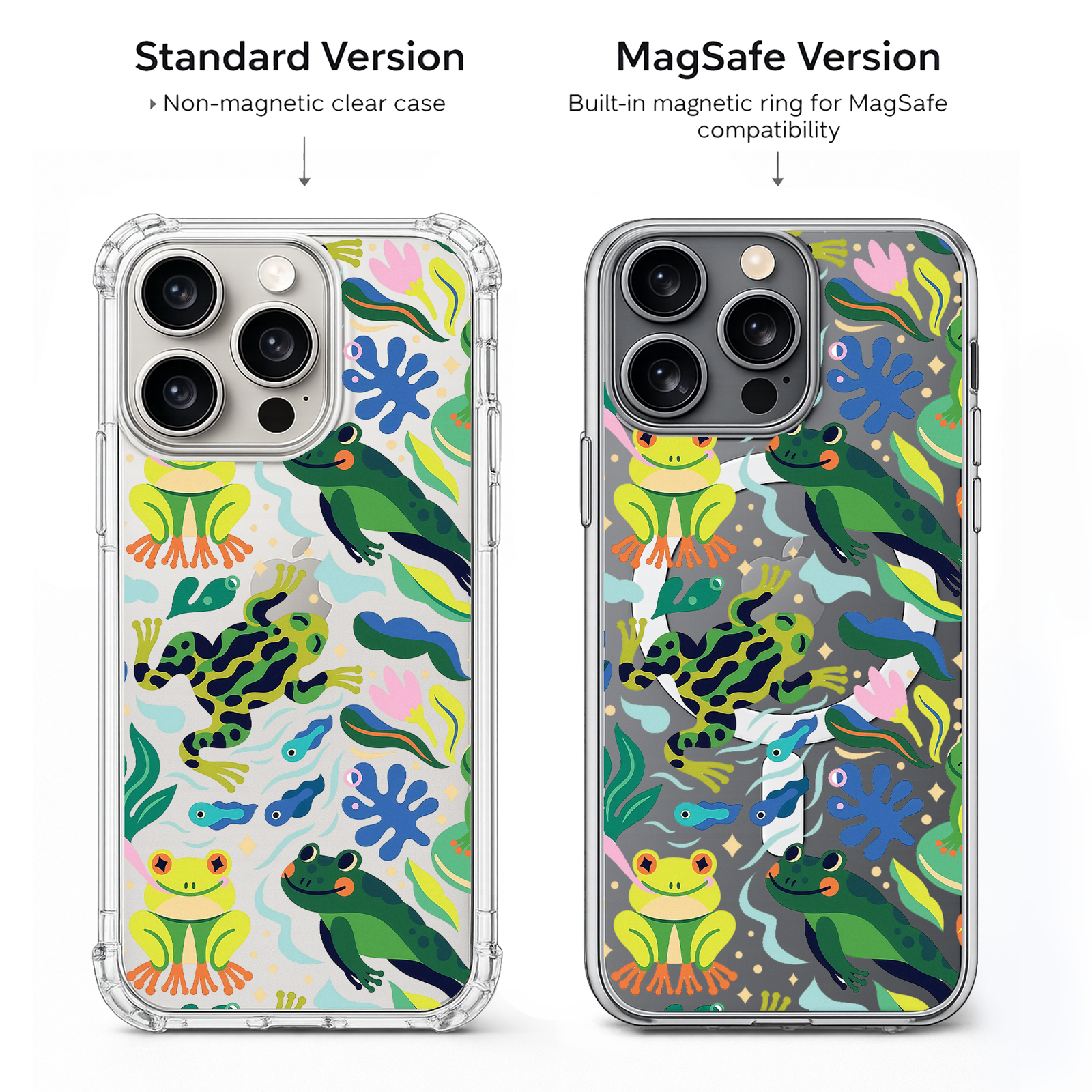Cute Frog Pond iPhone Case , Samsung Case, Playful Amphibian Clear Phone Case, MagSafe Compatible Nature Pattern Cover