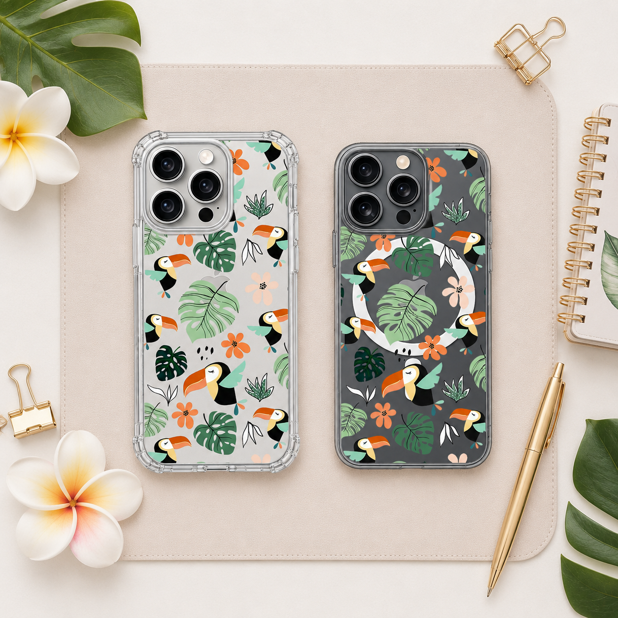 Tropical Toucan iPhone Case , Samsung Case, Jungle Leaf Clear Phone Case, MagSafe Compatible Exotic Bird Cover