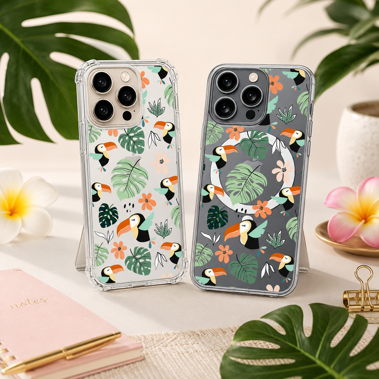 Tropical Toucan iPhone Case , Samsung Case, Jungle Leaf Clear Phone Case, MagSafe Compatible Exotic Bird Cover