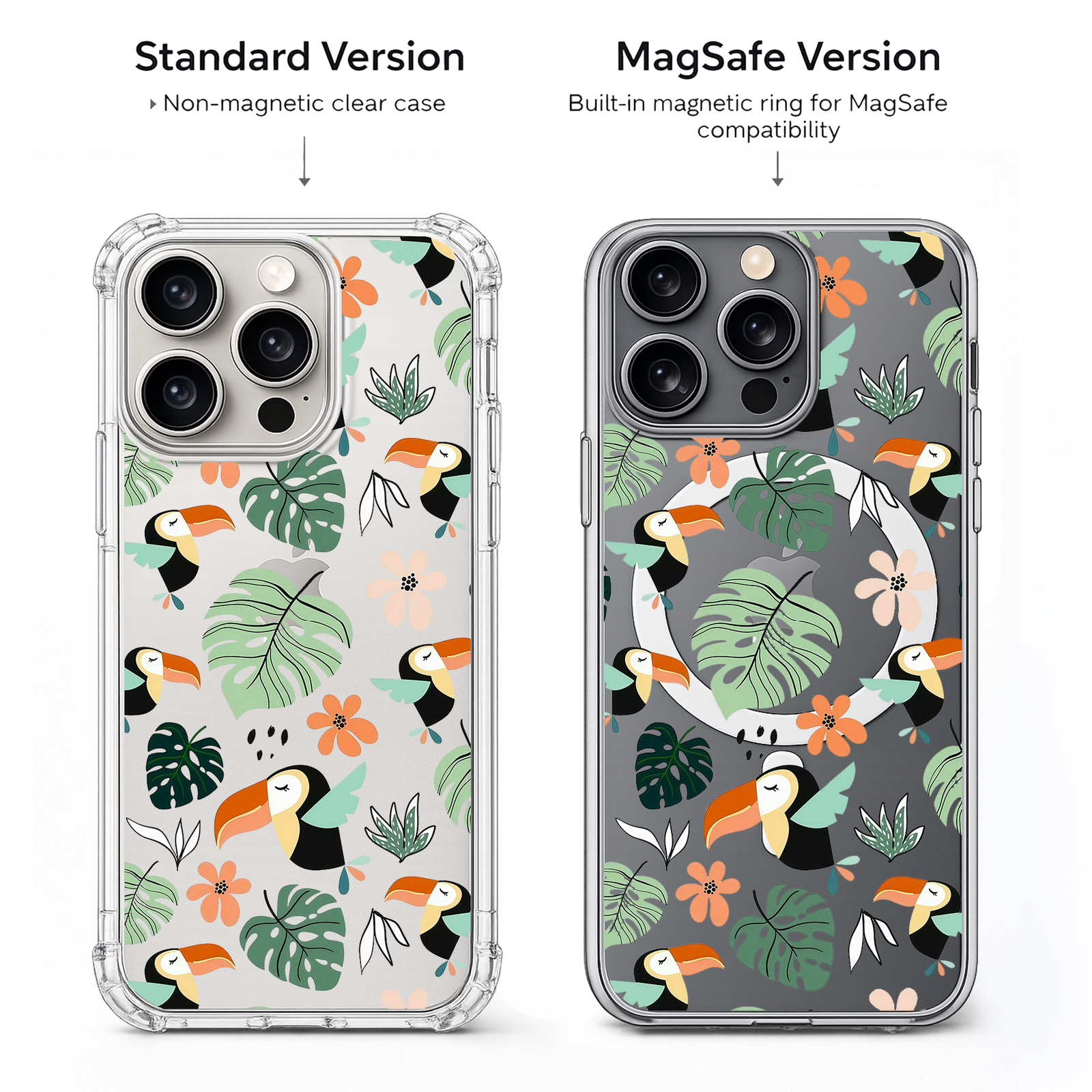Tropical Toucan iPhone Case , Samsung Case, Jungle Leaf Clear Phone Case, MagSafe Compatible Exotic Bird Cover