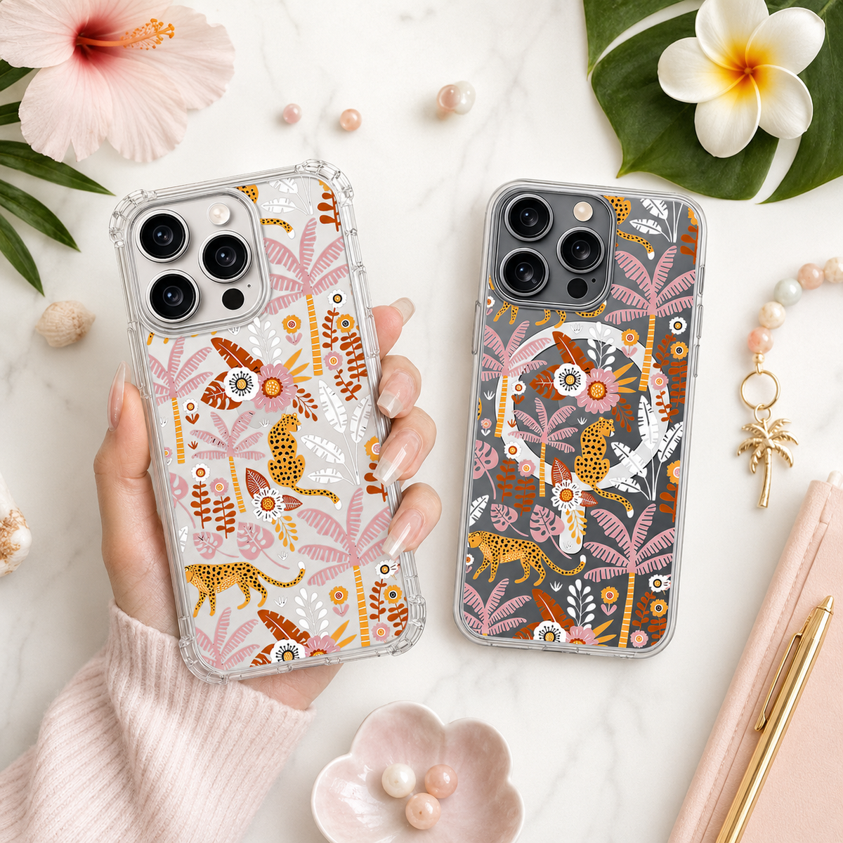 Leopard Jungle Pattern iPhone Case , Samsung Case, Tropical Safari Clear Phone Case, MagSafe Compatible Botanical Cover