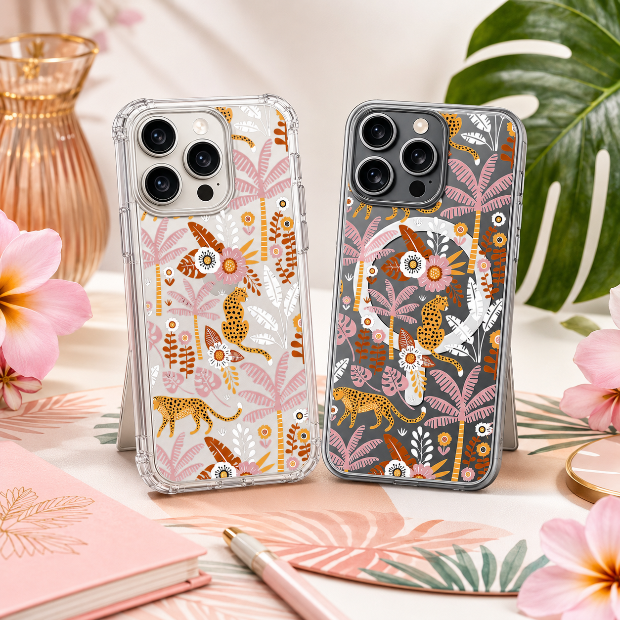 Leopard Jungle Pattern iPhone Case , Samsung Case, Tropical Safari Clear Phone Case, MagSafe Compatible Botanical Cover