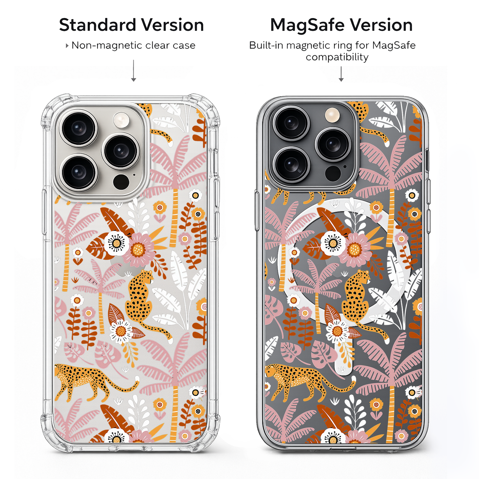 Leopard Jungle Pattern iPhone Case , Samsung Case, Tropical Safari Clear Phone Case, MagSafe Compatible Botanical Cover