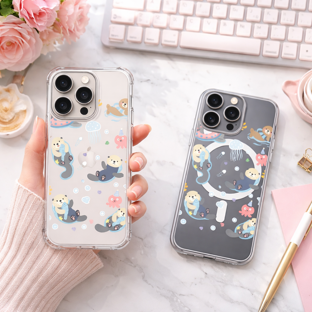 Cute Sea Otter Clear Phone Case, MagSafe Otter iPhone Case, Kawaii Ocean Animal Case, Transparent Jellyfish Octopus Cover, Gift for Her