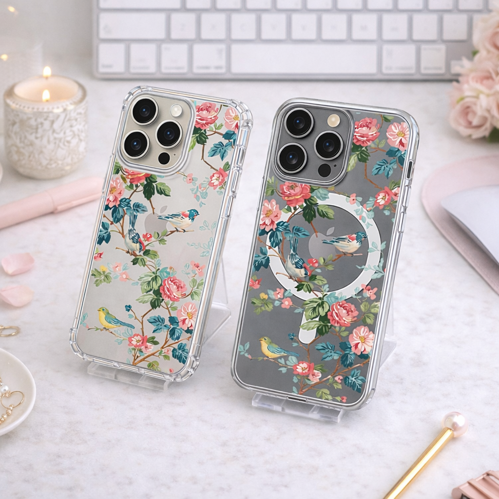 Vintage Floral Bird Phone Case, MagSafe Cottagecore iPhone Case, Pink Rose Clear Case, Botanical Bird Phone Cover, Gift for Her