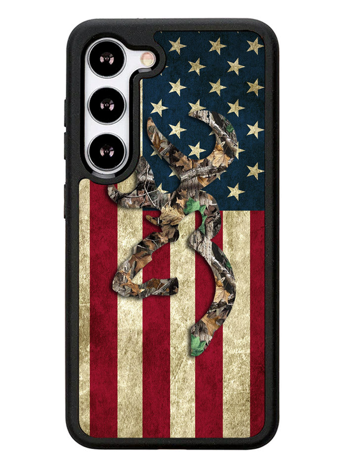 Browning Deer Real Tree Camo USA Flag Samsung Galaxy S23 Plus 5G / Samsung Galaxy S23+ 5G Case