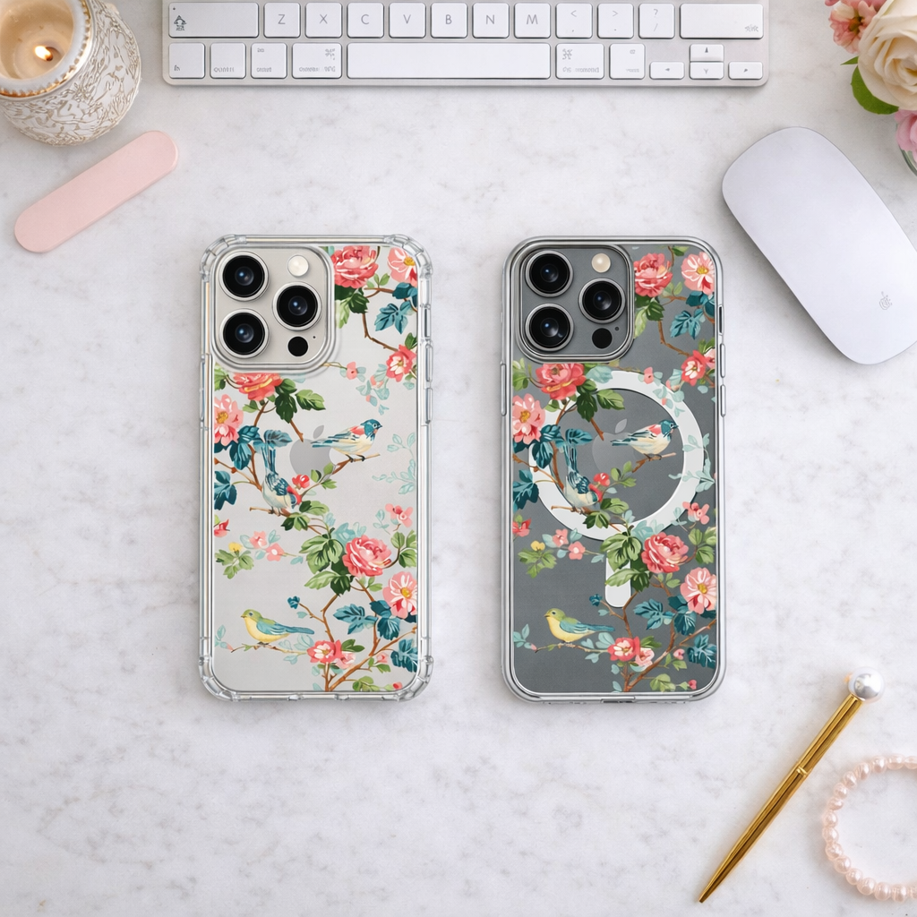 Vintage Floral Bird Phone Case, MagSafe Cottagecore iPhone Case, Pink Rose Clear Case, Botanical Bird Phone Cover, Gift for Her