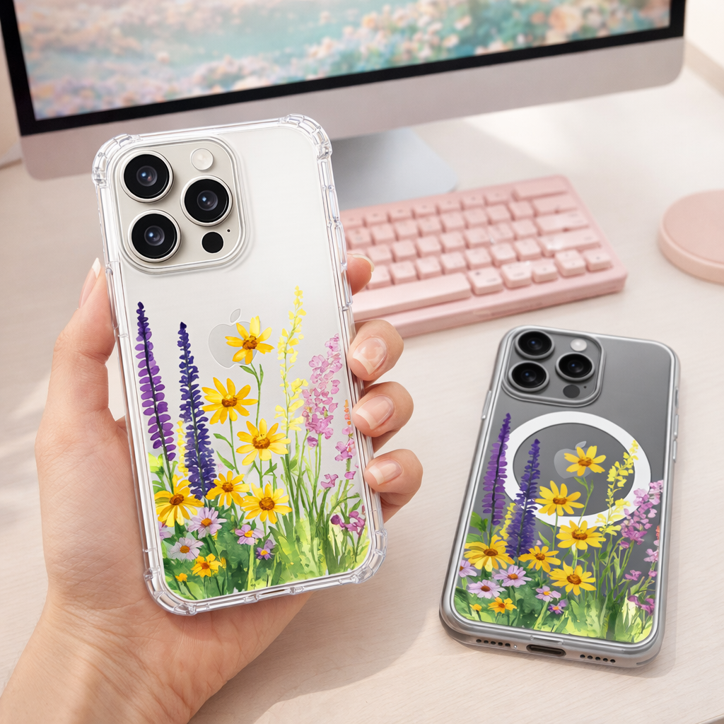 Wildflower Clear Phone Case, MagSafe Floral iPhone Case, Pressed Flower Style Case, Purple Yellow Daisy Phone Cover, Gift for Her