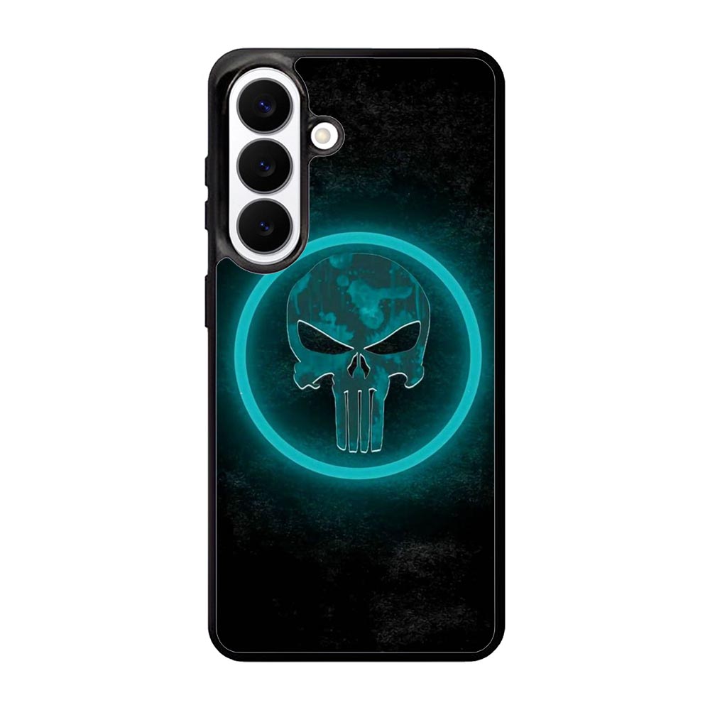 Punisher Blue Glow Samsung Galaxy S26 phone case with DC1516 design
