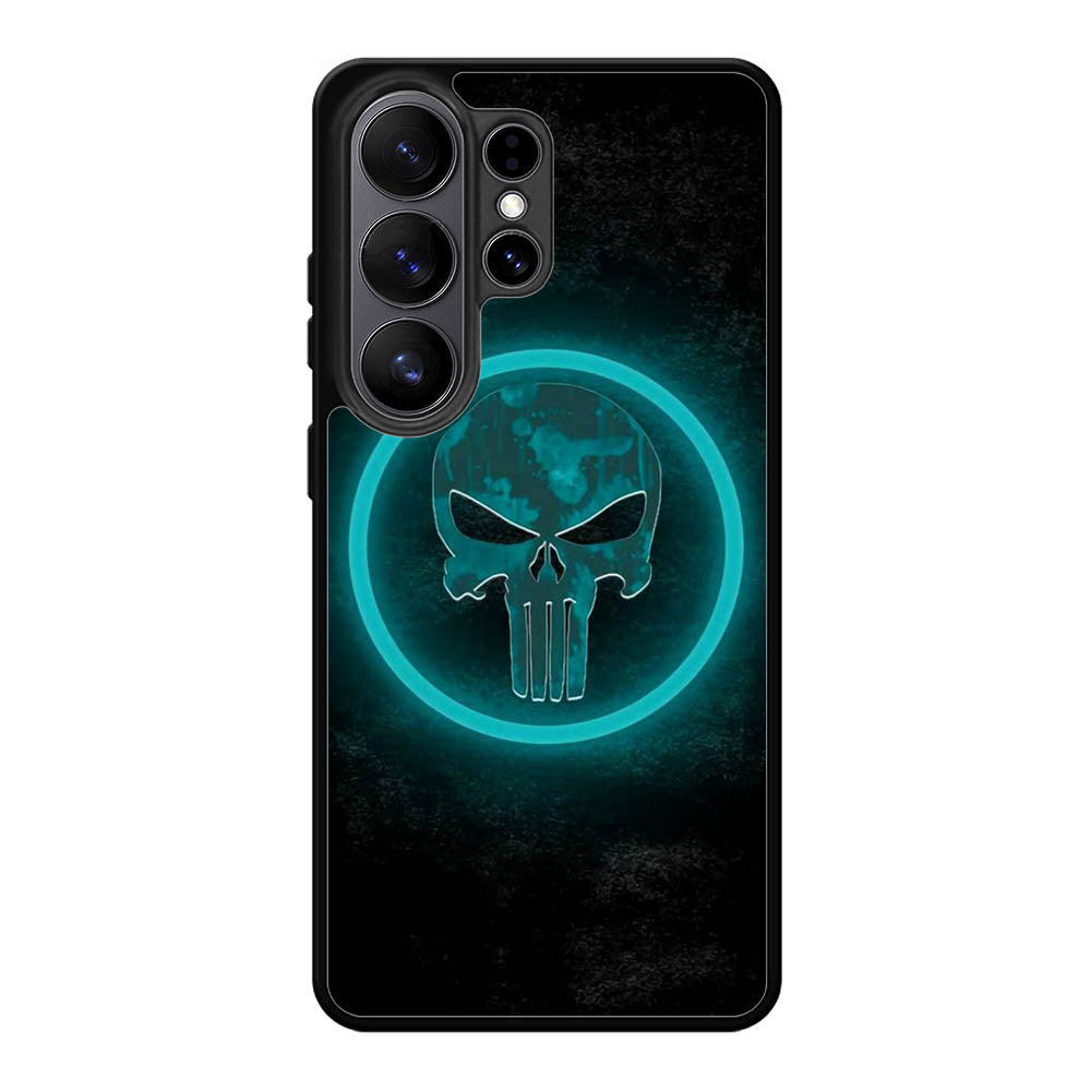 Punisher Blue Glow Samsung Galaxy S26 Ultra phone case with DC1516 design